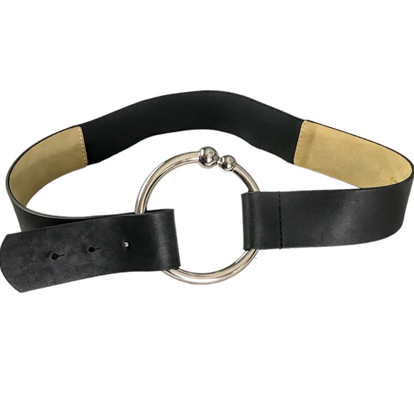 CHICO’S Stretch Belt Black with 4”Large Silver Ring Buckle Size Medium - Picture 2 of 14